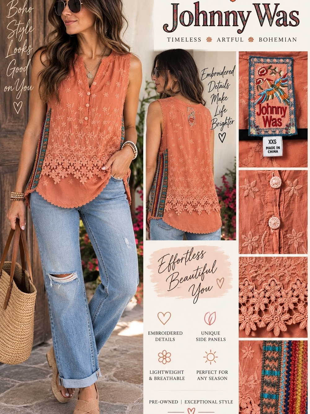 Johnny Was Coral Embroidered Floral Lace Tunic Top XXS Boho